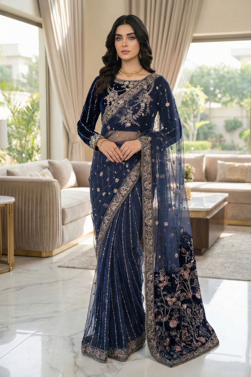 VELVET SAREE -V-03 - BLUE