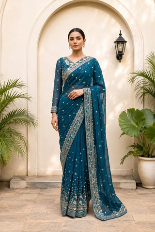 CHIFFON SAREE - ZCP-08 - TEAL BLUE