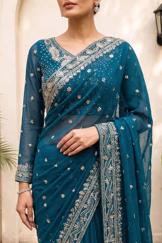 CHIFFON SAREE - ZCP-08 - TEAL BLUE