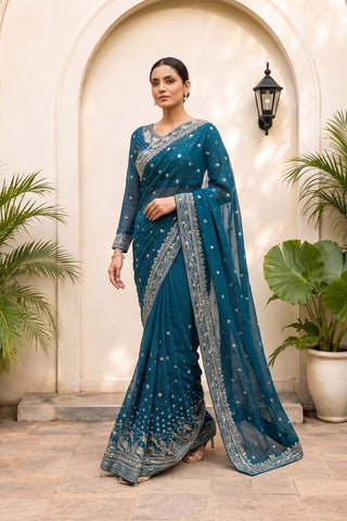 CHIFFON SAREE - ZCP-08 - TEAL BLUE
