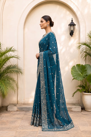 CHIFFON SAREE - ZCP-08 - TEAL BLUE